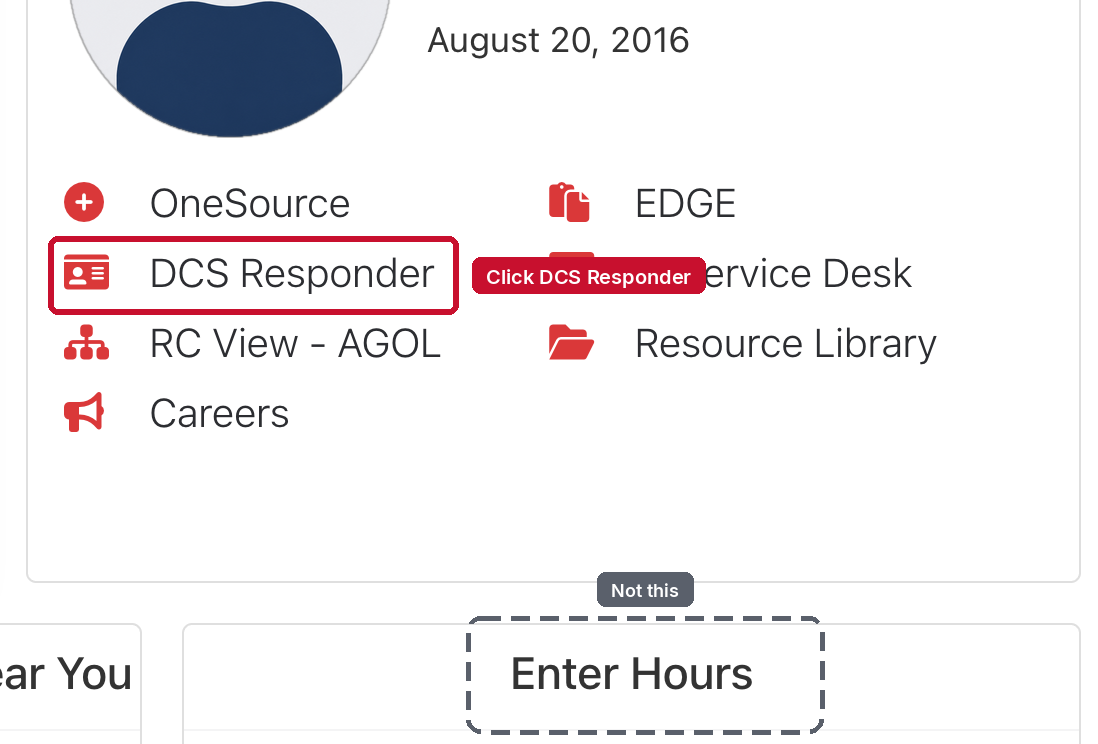 Volunteer Connection home widget with the DCS Responder link in the left column, under OneSource.
