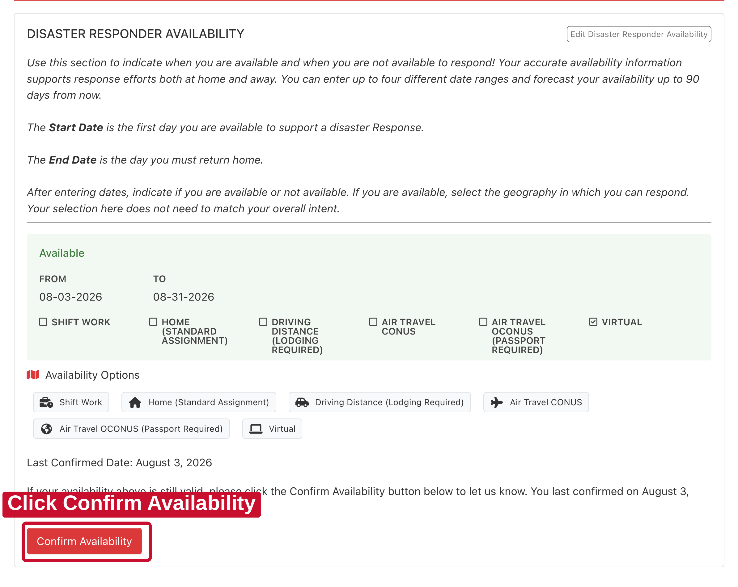The same Availability card, with Confirm Availability boxed in red at the bottom and Last Confirmed Date visible.
