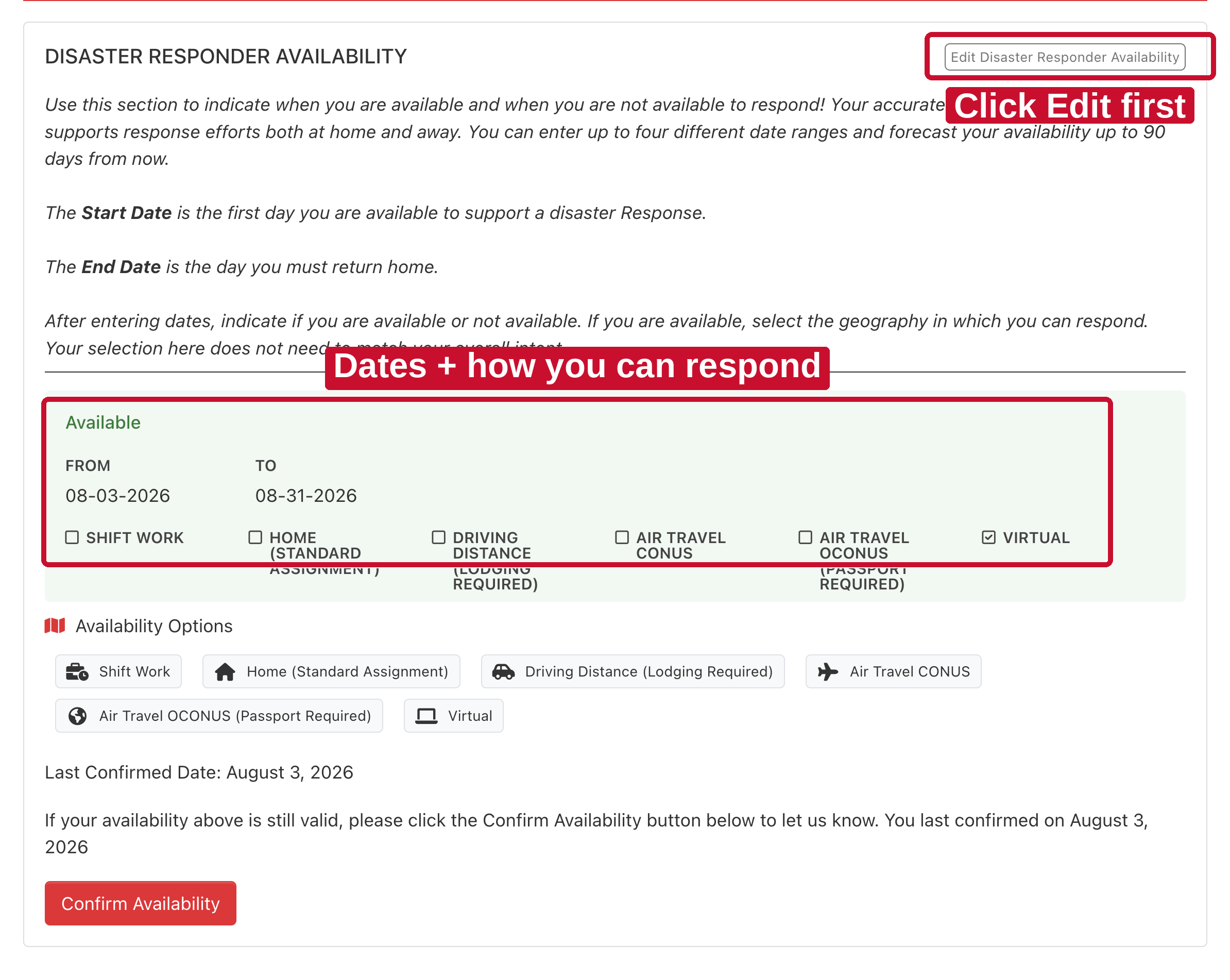 Disaster Responder Availability card showing an Available date range and the Virtual checkbox selected.