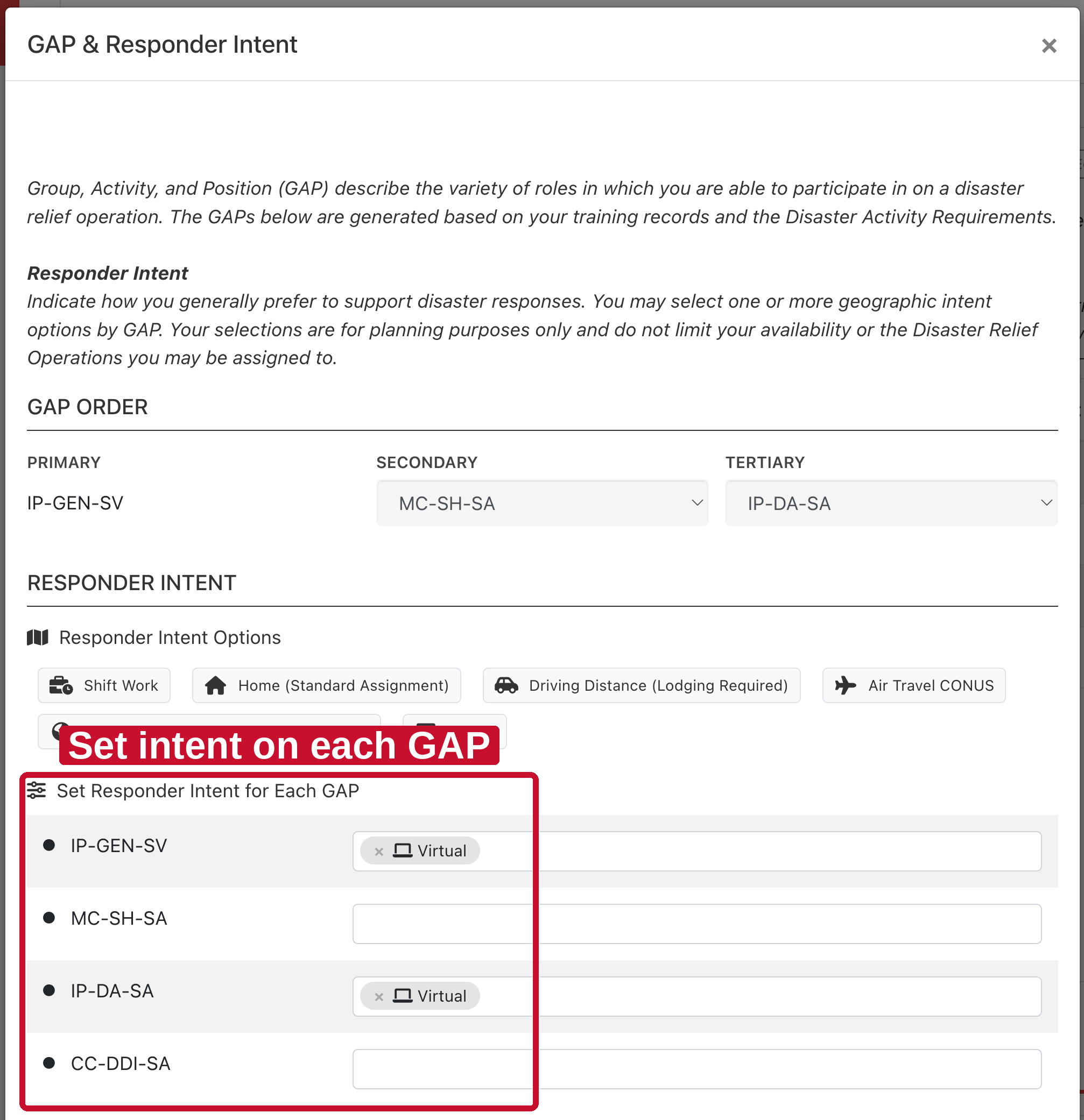 Edit modal titled GAP and Responder Intent, with Set Responder Intent For Each GAP and Virtual selected on two jobs.