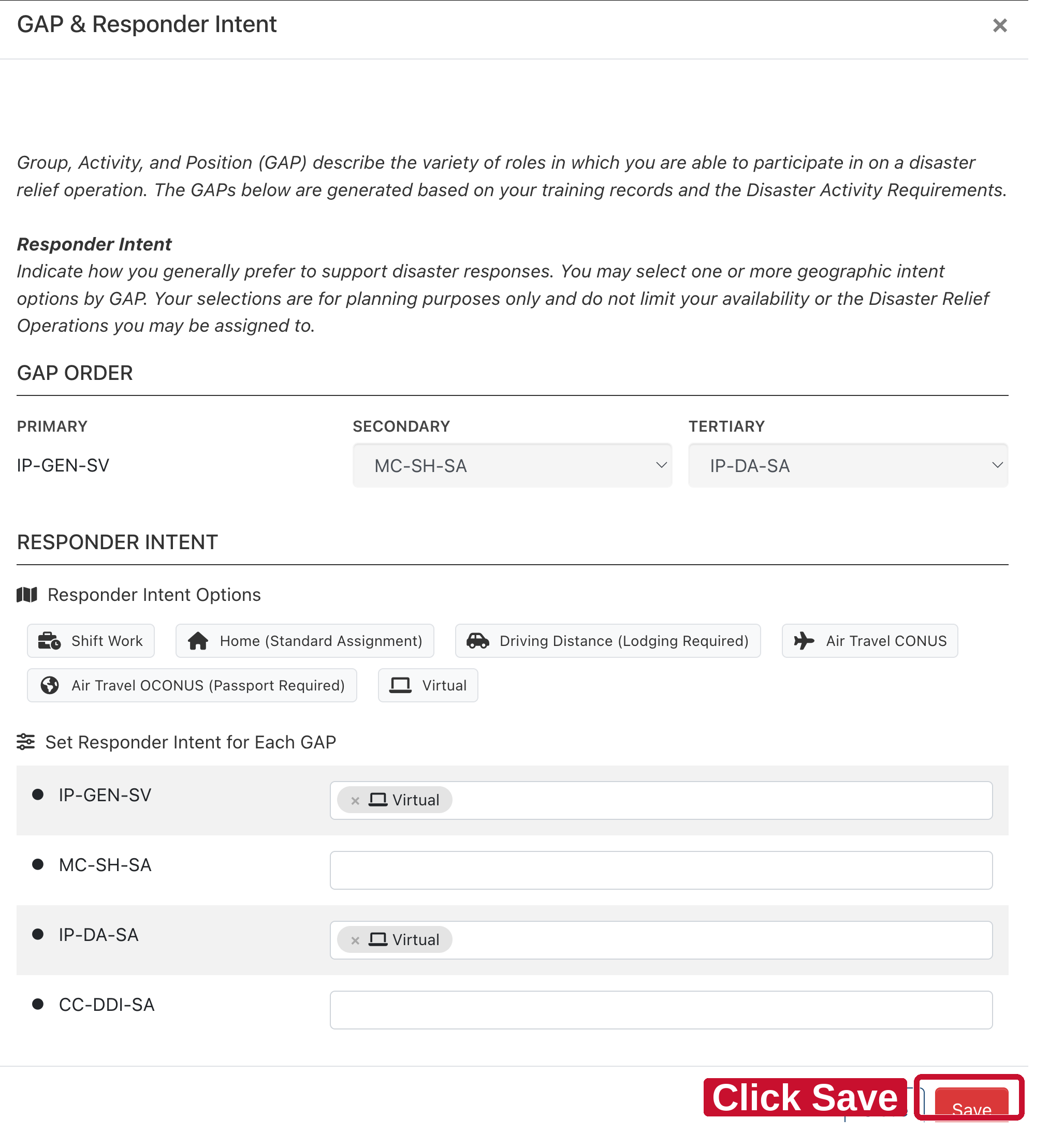 The same edit modal with Close and a red Save button boxed in red at the bottom right.
